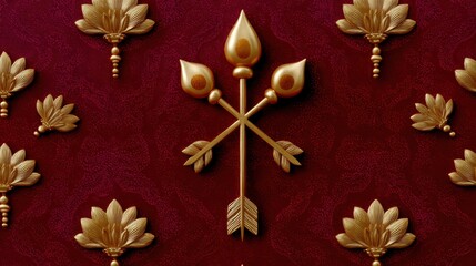 Fototapeta premium indian ornamental pattern, detailed ornamental style with golden bows and arrows, glowing diyas, repeating lotus flowers, and subtle mandala outlines in rich saffron and maroon