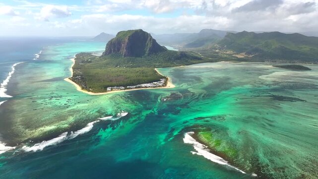 Le Morne Brabant mountain with beautiful lagoon and underwater waterfall illusion, Mauritius island