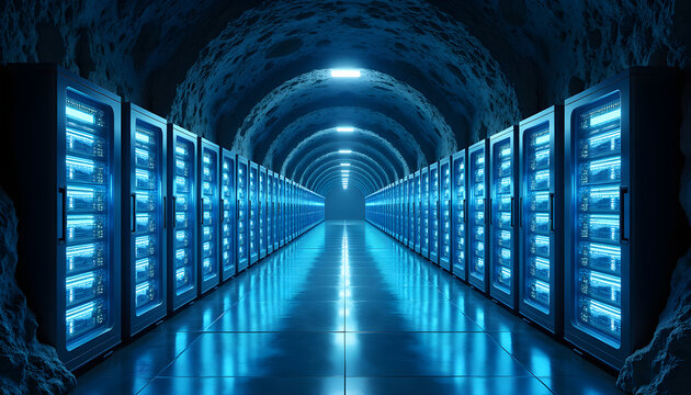 Cinematic Underground Data Center Tunnel with Glowing Blue Server Racks