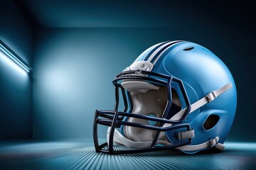 Fototapeta premium Striking blue football helmet on display in a modern, illuminated space showcasing craftsmanship and design elements