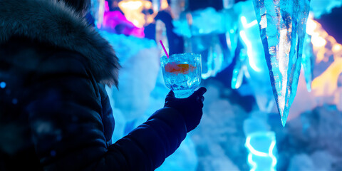 Woman holding a cocktail glass with ice and orange slice, surrounded by vibrant blue and purple lights, creating a magical winter atmosphere with ice formations