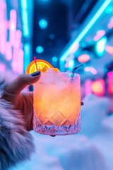 Hand holding a vibrant cocktail with orange slice and straw, illuminated by neon lights in a modern bar, showcasing nightlife and social atmosphere