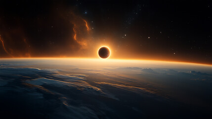 Total solar eclipse viewed from space, showcasing the sun's corona and celestial atmosphere, with a dramatic horizon and cosmic elements enhancing the visual experience