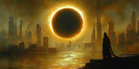 Dark silhouette of a figure stands by the water, gazing at a total solar eclipse over a futuristic city skyline, creating a dramatic and surreal atmosphere
