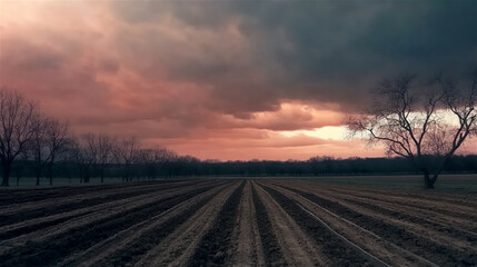 Expansive agricultural field with freshly plowed soil, under a dramatic sky filled with dark clouds and vibrant hues, showcasing the beauty of nature's landscape