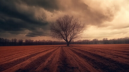 Solitary tree stands in a vast field with freshly plowed soil, under a dramatic sky filled with dark clouds, creating a striking contrast in nature's landscape