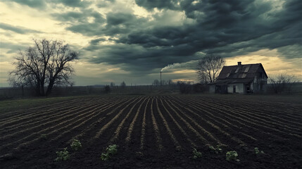 Expansive view of a rural landscape featuring a weathered farmhouse, dark clouds overhead, and freshly plowed fields, evoking a sense of solitude and nature's beauty