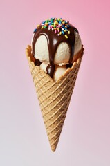 Classic vanilla gelato in a crispy waffle cone, topped with decadent chocolate sauce and festive rainbow sprinkles.