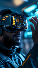 African American man wearing virtual reality headset interacts with digital interface, showcasing immersive technology in a futuristic workspace environment