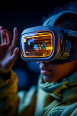 Young African American woman wearing virtual reality headset, interacting with digital interface, exploring immersive technology, showcasing future of education and innovation in modern learning 
