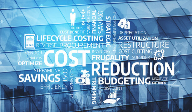 A visually striking composition illustrating cost reduction strategies with a word cloud reflecting financial concepts on a contemporary architecture backdrop. Tessel
