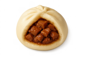 Steamed bao bun filled with pieces of roasted pork on transparent background