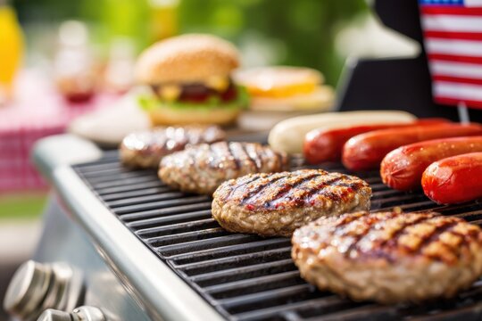 Delicious hamburgers and hot dogs cooking on barbecue grill for fourth of July celebration