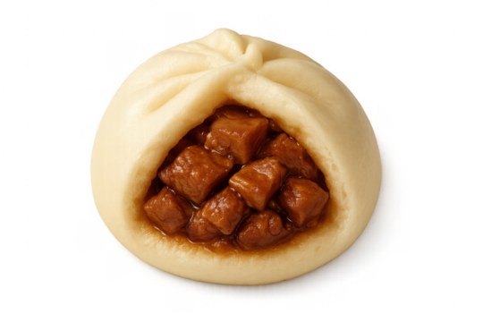 Steamed bao bun filled with pieces of roasted pork on transparent background