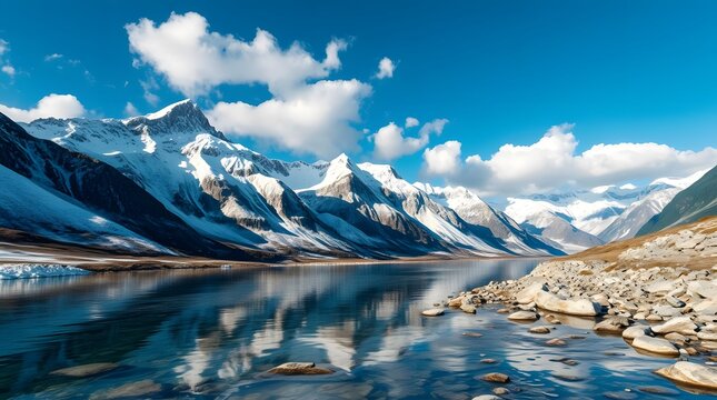 Majestic mountain river with perfect reflection of cliffs.