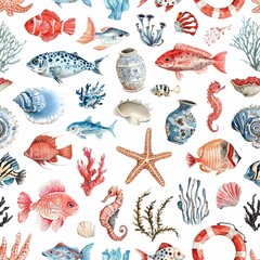 Watercolor seamless pattern with marine animals