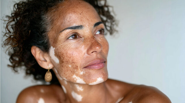 Middle aged woman with black curly hair and vitiligo skin on neutral background - Powered by Adobe
