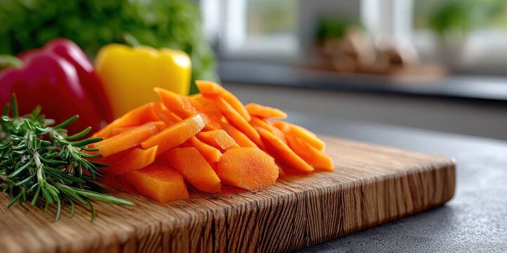 food photography, close-up of a wooden cutting board with sliced carrots, bell peppers, and herbs, capturing sharp details and a blurred kitchen counter background