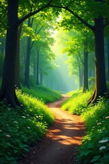 Fototapeta premium A winding, sun-dappled path meanders through a lush green forest, leading towards a bright, unseen destination The air is still and peaceful, promising carefree adventure , wild, foliage, carefree