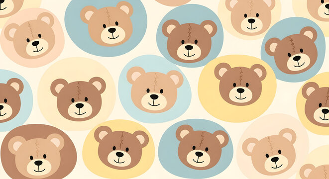 Cute Bear Face Seamless Pattern &mdash; Repeating Pastel Teddy Bear Heads in Beige and Brown Tones on Cream Background, Perfect for Baby Bedding, Nursery Wallpaper and Children&rsquo;s Fabrics