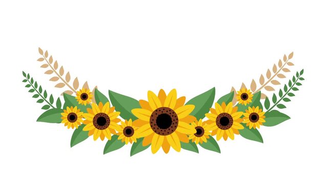 Simple animation of a floral border with bright sunflowers and leafy elements, perfect for nature themes, invitations, wedding design, botanical projects, summer decoration, and creative videos.