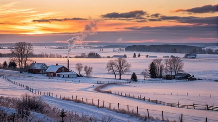 Fototapeta premium Winter Sunrise Over Snowy Countryside Farmhouses