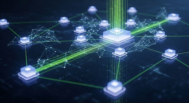 Edge computing network visualization with futuristic data connections and decentralized processing nodes in digital technology concept
