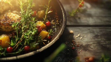 Grilled chicken with herbs and vegetables in skillet on wooden table