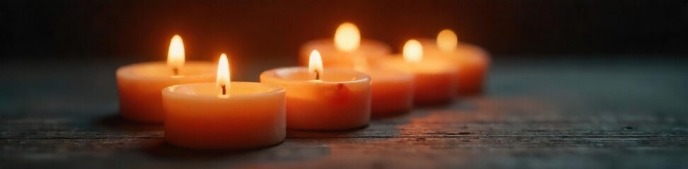 Close-up of several flickering candles casting a warm, inviting glow on a dark wooden surface Perfect for relaxation, spa, or meditation themes , handcrafted, candlelight