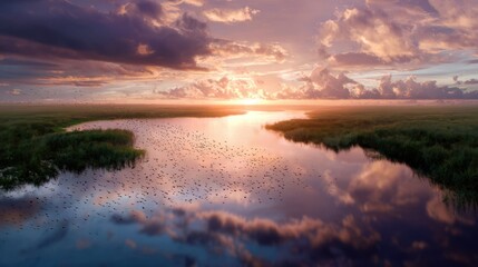 Wetlands at sunset with mosquito swarms, illustrating climate change and Chikungunya virus risks.