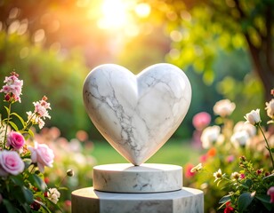 Heart-shaped marble sculpture in garden setting