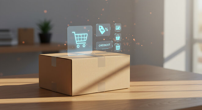 Seamless online shopping experience with digital cart and checkout icons above package