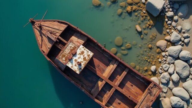 A wrecked wooden ship lies on the seashore, covered with rust. Drone view