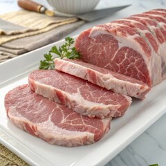 Fototapeta premium Professional food photo of pork tenderloin cuts, crisp and clean for print and digital food advertising