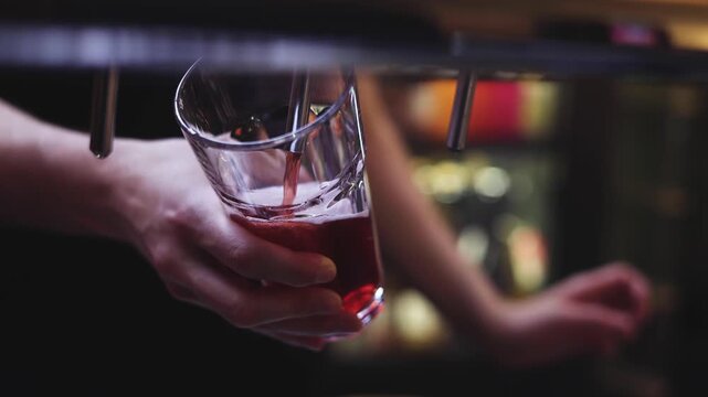 Bartender pouring craft beer cider in the glass from the crane, beer festival in a bar, barkeeper working in a pub, barman by the counter serving drinks and alcohol beverages on party in a night club
