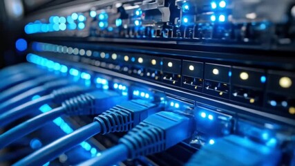 Illuminating data network: Close-up view of ethernet cables connected to server racks, showcasing - Powered by Adobe