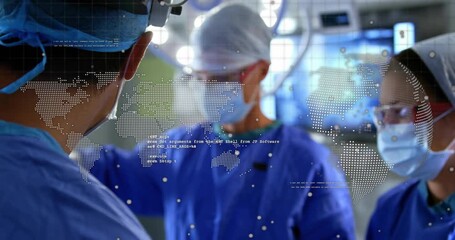 Male surgeon adjusting headlamp leading surgical team swapping instruments and viewing data overlay - Powered by Adobe