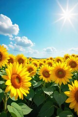 Fototapeta premium A vibrant sunflower field stretches to the horizon under a bright summer sky Golden petals shimmer, conveying joy and peace Perfect for summer, nature, and happiness themes , beauty, golden, stems