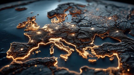 Europe at night as seen from space showing the illuminated cities and surrounding landscapes, a detailed and beautiful view of the continent