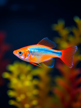 neon glowing orange tetra Glofish, Gymnocorymbus ternetzi, colorful adults active and healthy, freshwater characin fish in natural aquarium, free space dark blur background