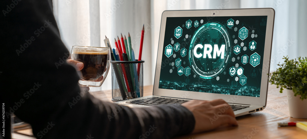 Wall mural customer relationship management system on modish computer for crm business and enterprise