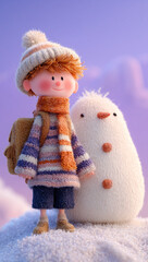 Cute Young Man and a Snowman in Winter &ndash; 3D Render with Purple and Orange Background