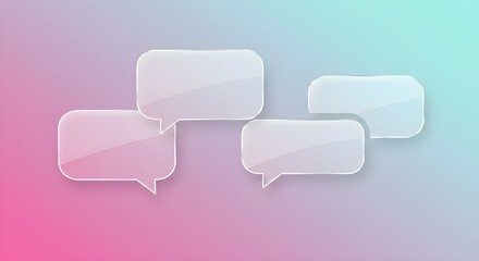 Soft pastel gradient background with four translucent speech bubbles arranged in a cluster, representing calm, open communication, digital chat, messaging, and social interaction in a modern, minimal 