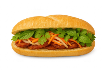 Delicious banh mi sandwich with cilantro, carrot, and meat on transparent background