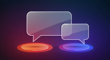 Modern digital communication concept with translucent speech bubbles glowing above red and blue circular bases, symbolizing conversation, interaction, messaging, and virtual dialogue in a futuristic i