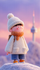 Cute Korean Boy Walking by the  Namsan Tower in Seoul, 3D Render Illustration, South Korea
