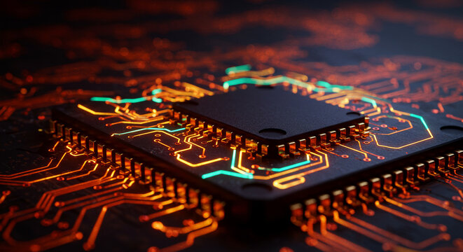 Silicon Microchip with Glowing Circuits Representing Semiconductors