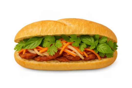 Delicious banh mi sandwich with cilantro, carrot, and meat on transparent background