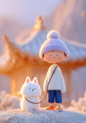 Cute Korean boy with a White Dog on Traditional koreanStreet, 3D Render 