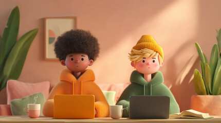 Two Young Men Studying and Working on Laptops &ndash; 3D Render, Cute, Purple and Orange Background